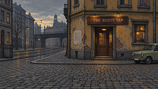 Pixel-art East Berlin street with a corner pub and a worn parked car